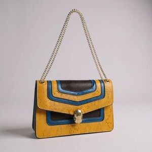 Yellow and Blue Textured Chain-Strap Crossbody Bag